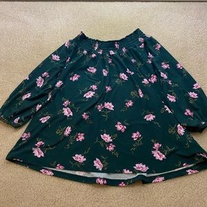 green and pink floral blouse